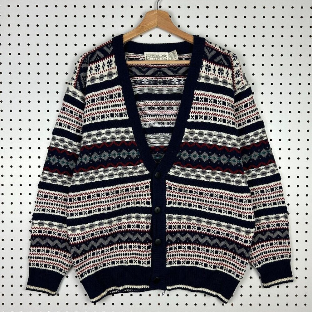 Expressions Northern Isle Cardigan Knit Sweater Large Blue‎ Red Cream Cosby 90s